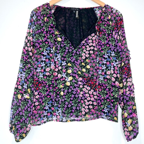 1.State Ditsy Patches Mixed Black Floral Blouse with Sheer Sleeves - Picture 6 of 6